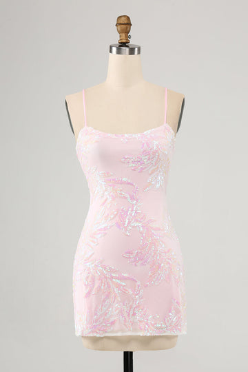 Sparkly Pink Spaghetti Straps Tight Cocktail Dress with Sequins